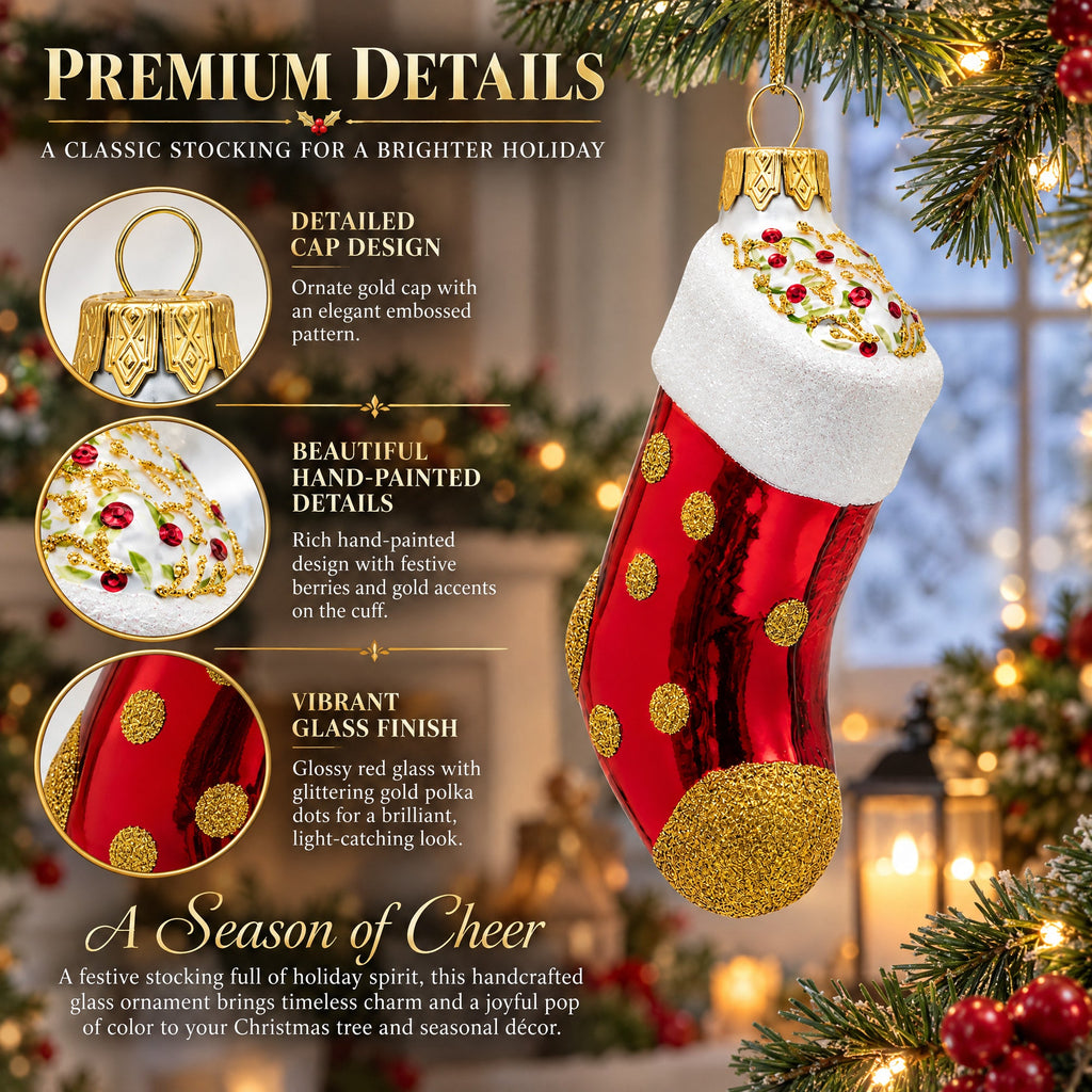 Golden Polka Dot Stocking Glass Christmas Ornament