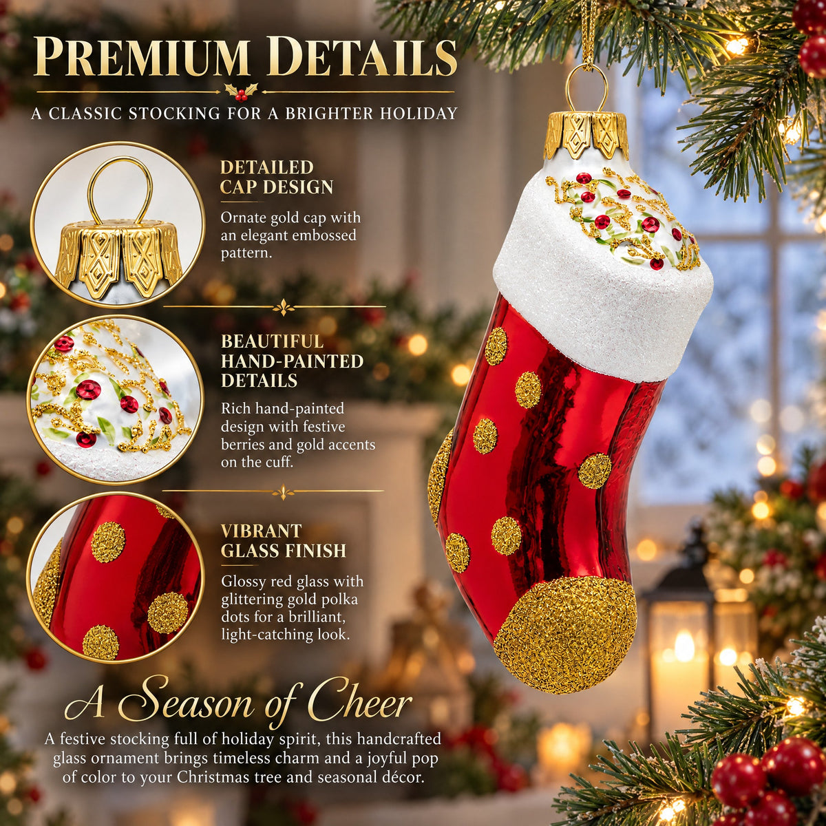 Golden Polka Dot Stocking Glass Christmas Ornament