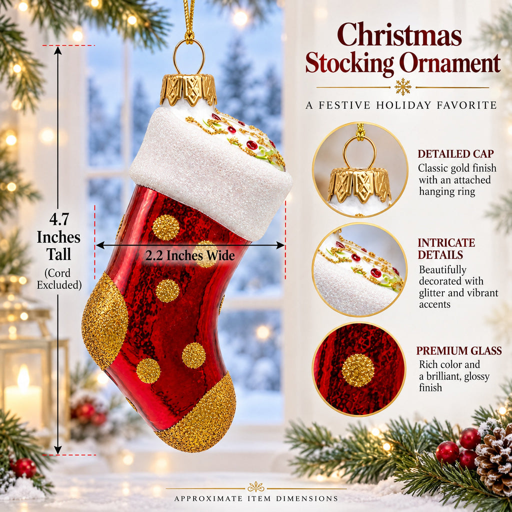 Golden Polka Dot Stocking Glass Christmas Ornament