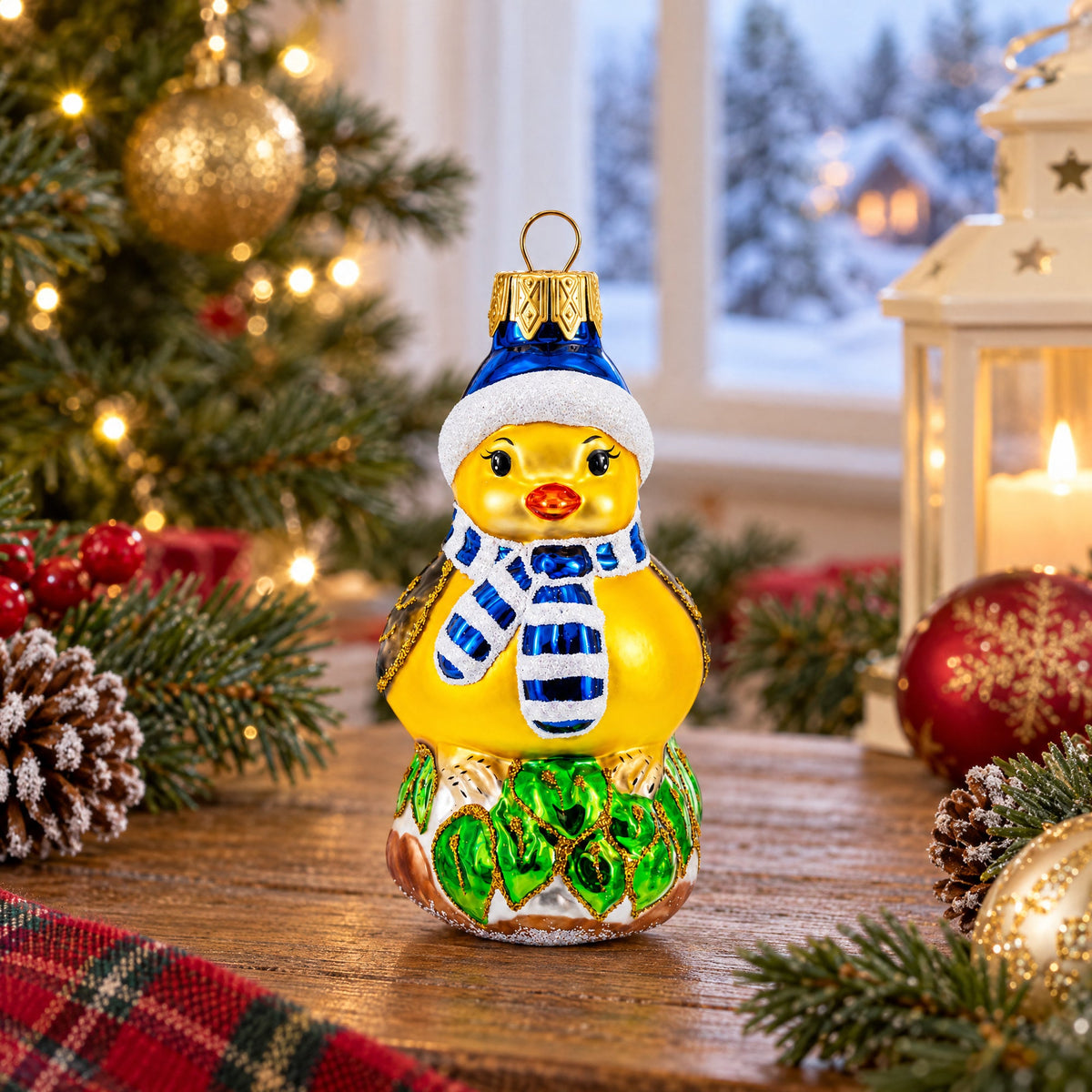 Yellow Chick With Blue Hat And Striped Scarf Glass Christmas Ornament