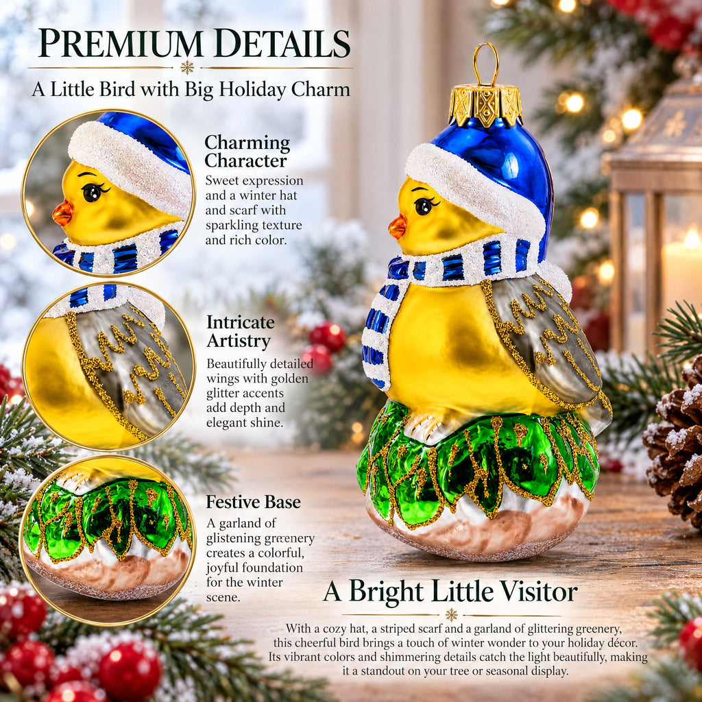 Yellow Chick With Blue Hat And Striped Scarf Glass Christmas Ornament