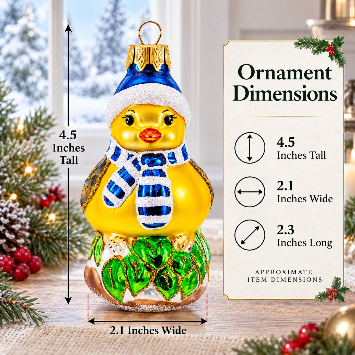 Yellow Chick With Blue Hat And Striped Scarf Glass Christmas Ornament
