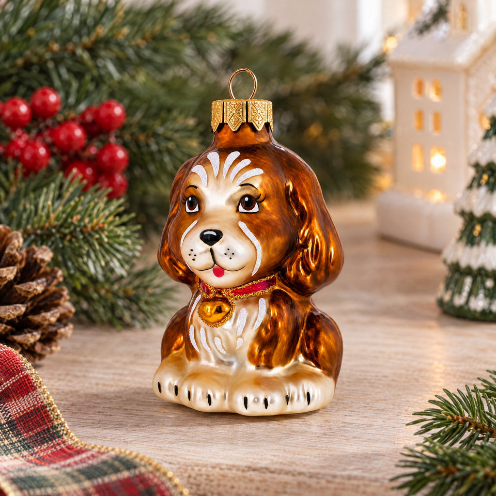 Spaniel with Heart on Collar Glass Christmas Ornament