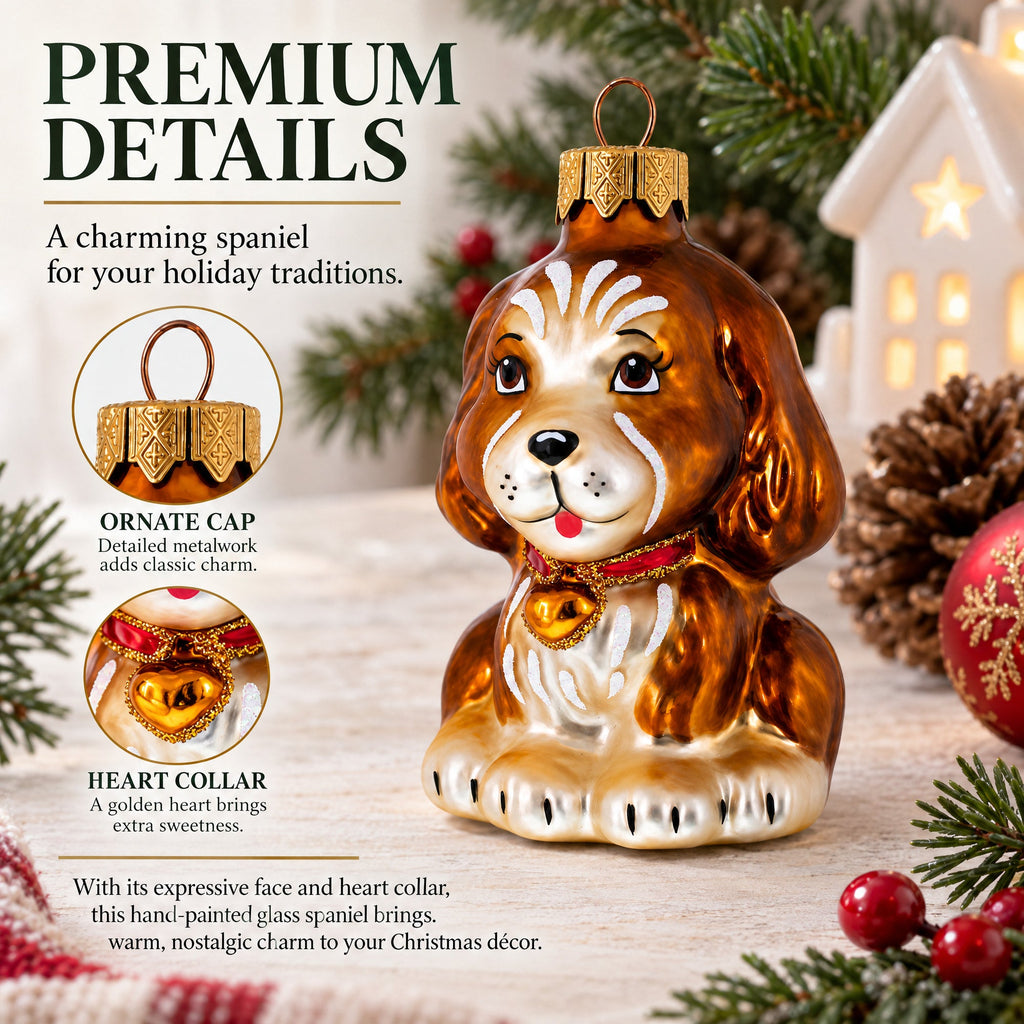 Spaniel with Heart on Collar Glass Christmas Ornament
