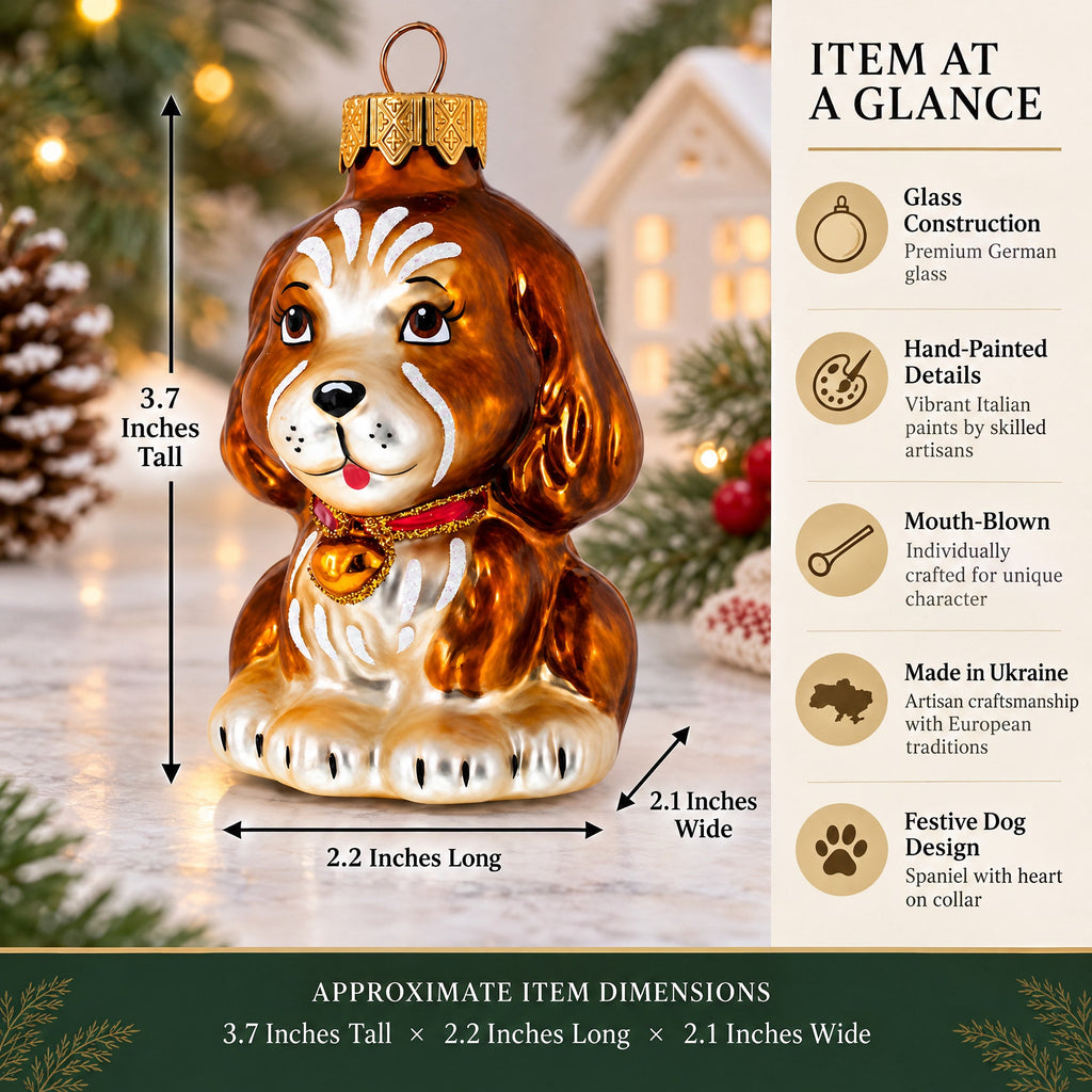 Spaniel with Heart on Collar Glass Christmas Ornament