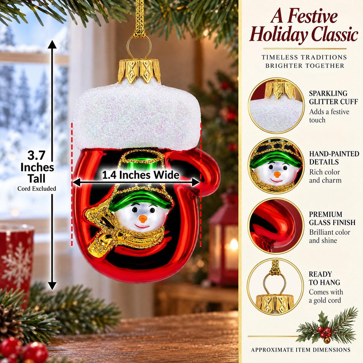 Red Mitten with Snowman Glass Christmas Ornament