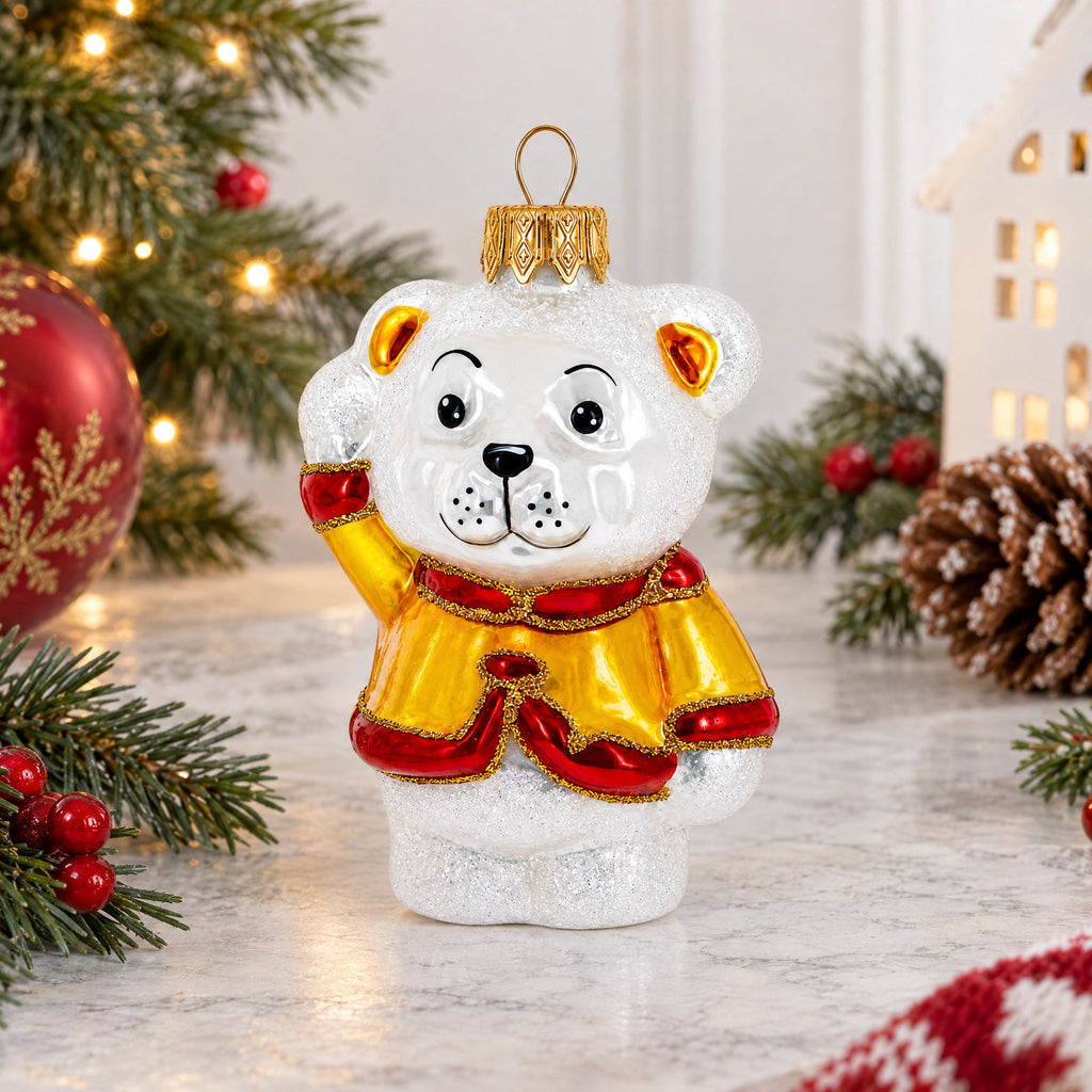 Polar Bear Cub Waving Glass Christmas Ornament