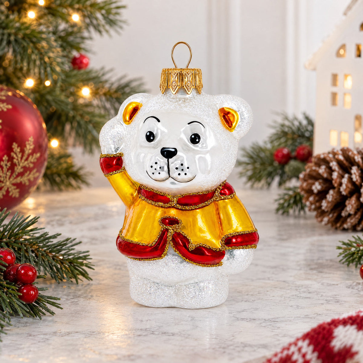 Polar Bear Cub Waving Glass Christmas Ornament
