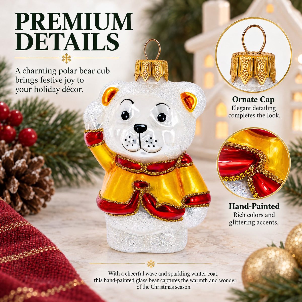 Polar Bear Cub Waving Glass Christmas Ornament