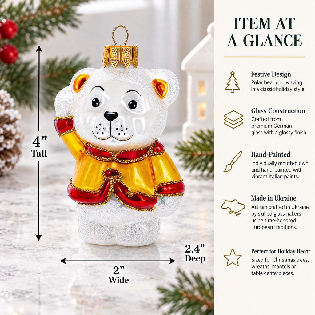 Polar Bear Cub Waving Glass Christmas Ornament