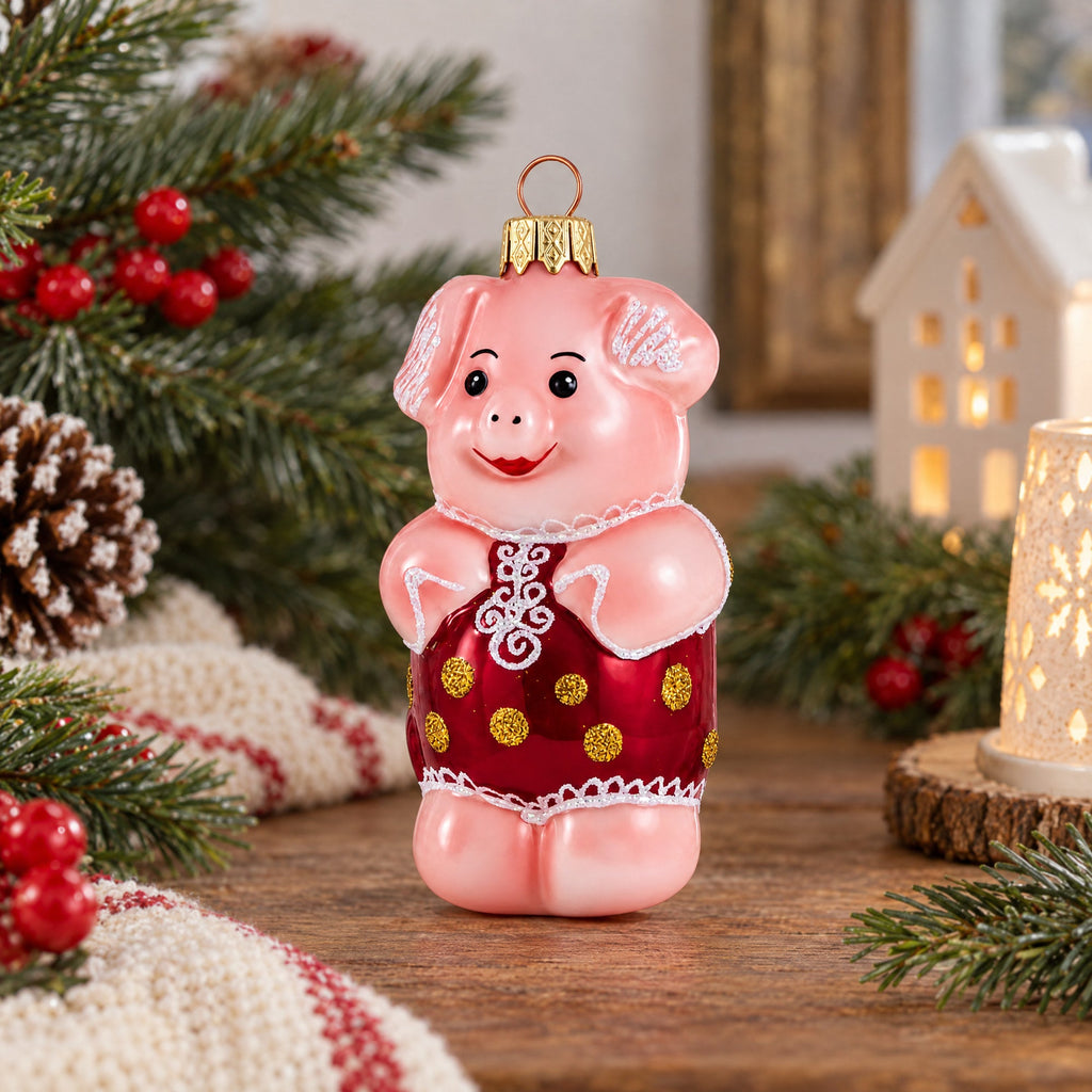 Piglet in Polka Dot Outfit Glass Christmas Ornament