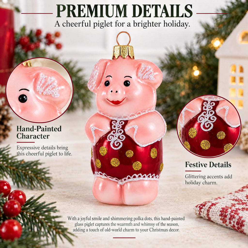 Piglet in Polka Dot Outfit Glass Christmas Ornament