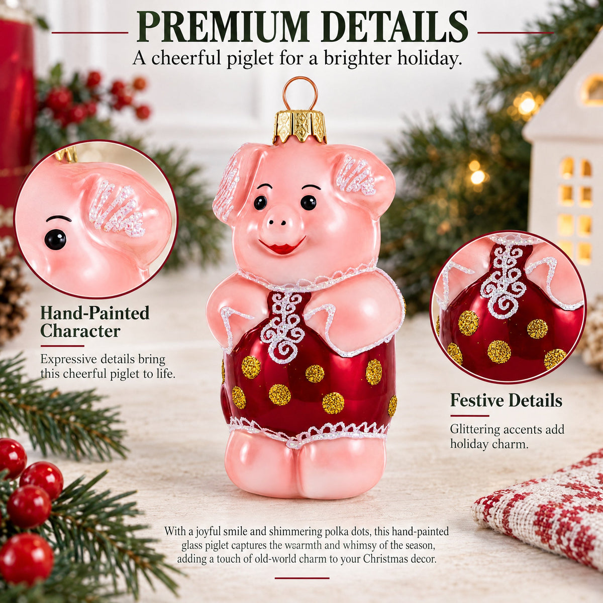Piglet in Polka Dot Outfit Glass Christmas Ornament