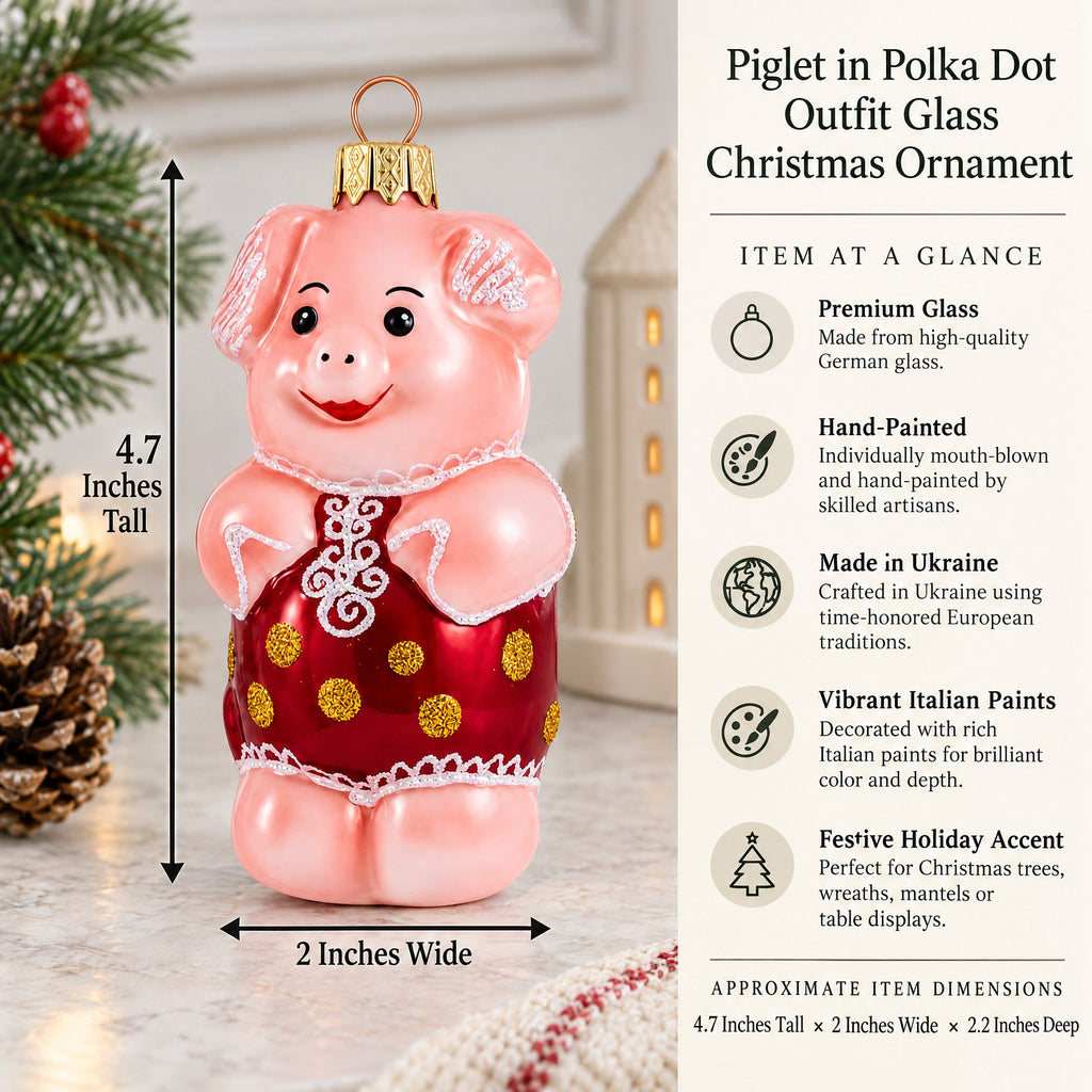 Piglet in Polka Dot Outfit Glass Christmas Ornament