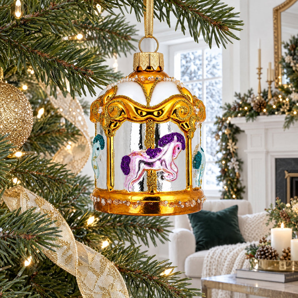 Golden Carousel Glass Christmas Ornament