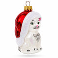 White Cat In Santa Hat Glass Christmas Ornament