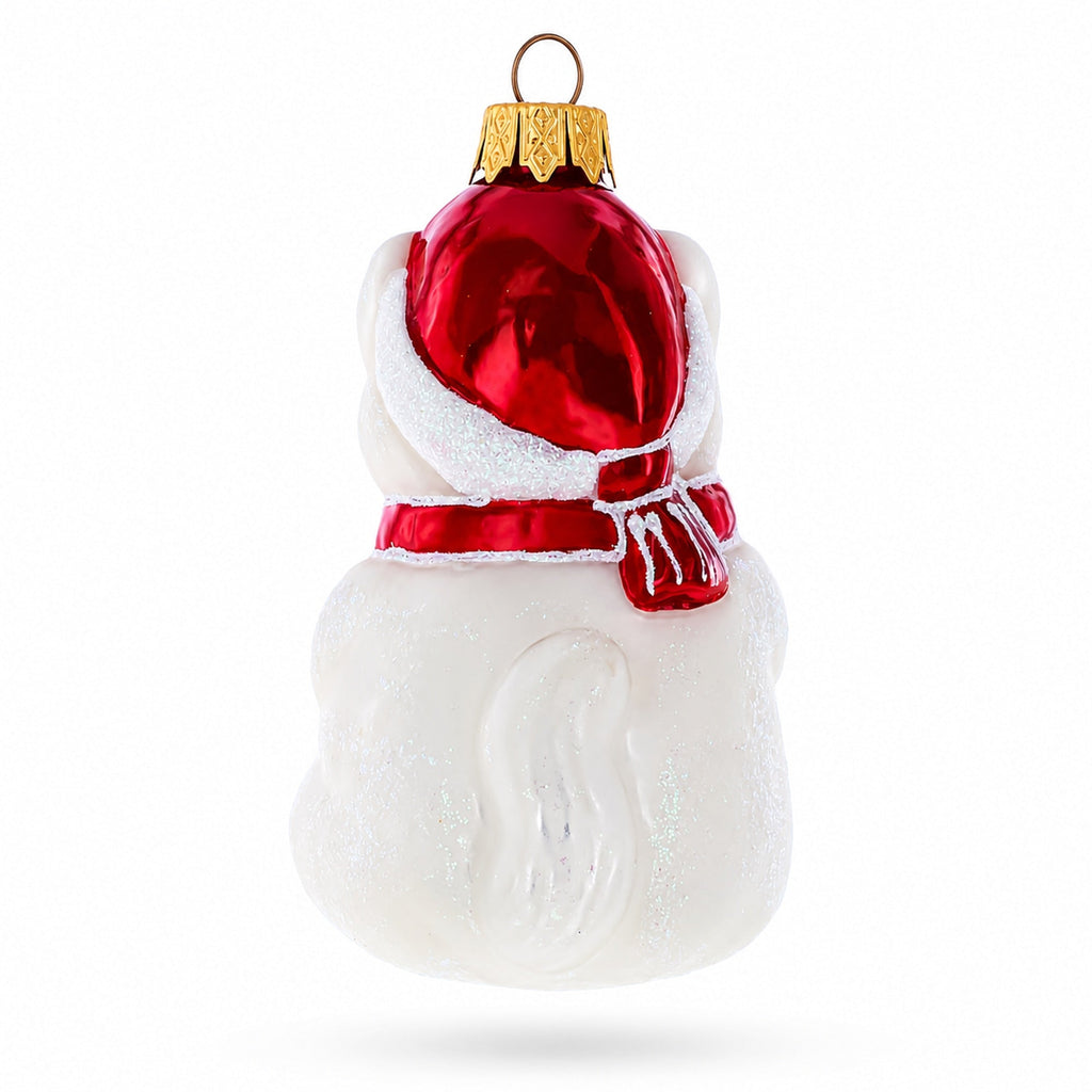 White Cat with Red Scarf Glass Christmas Ornament