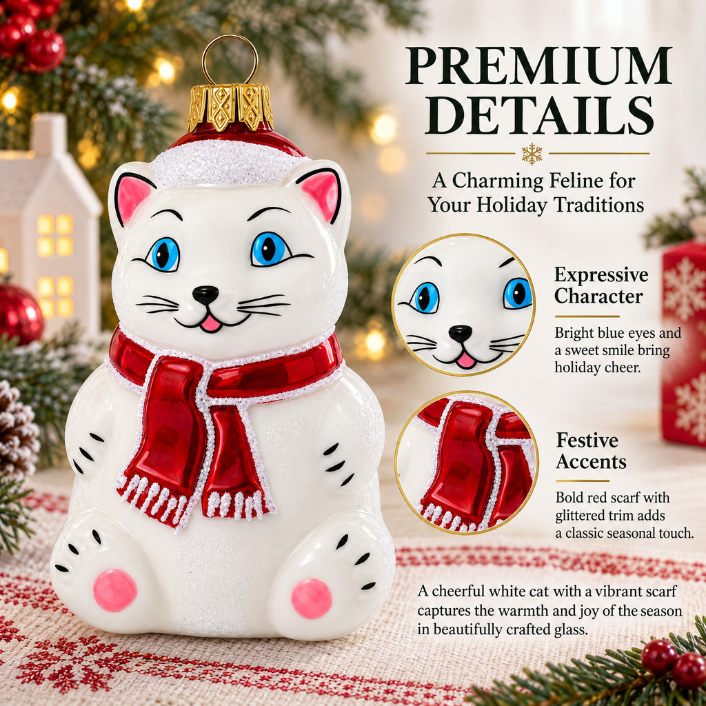White Cat with Red Scarf Glass Christmas Ornament