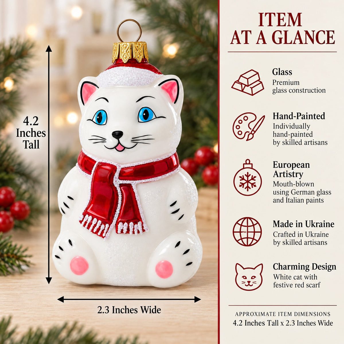 White Cat with Red Scarf Glass Christmas Ornament