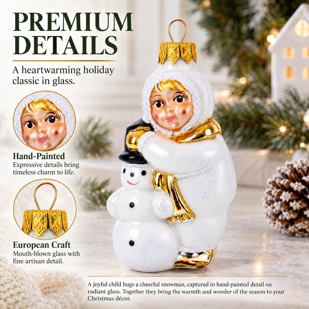 Toddler Hugging Snowman Glass Christmas Ornament
