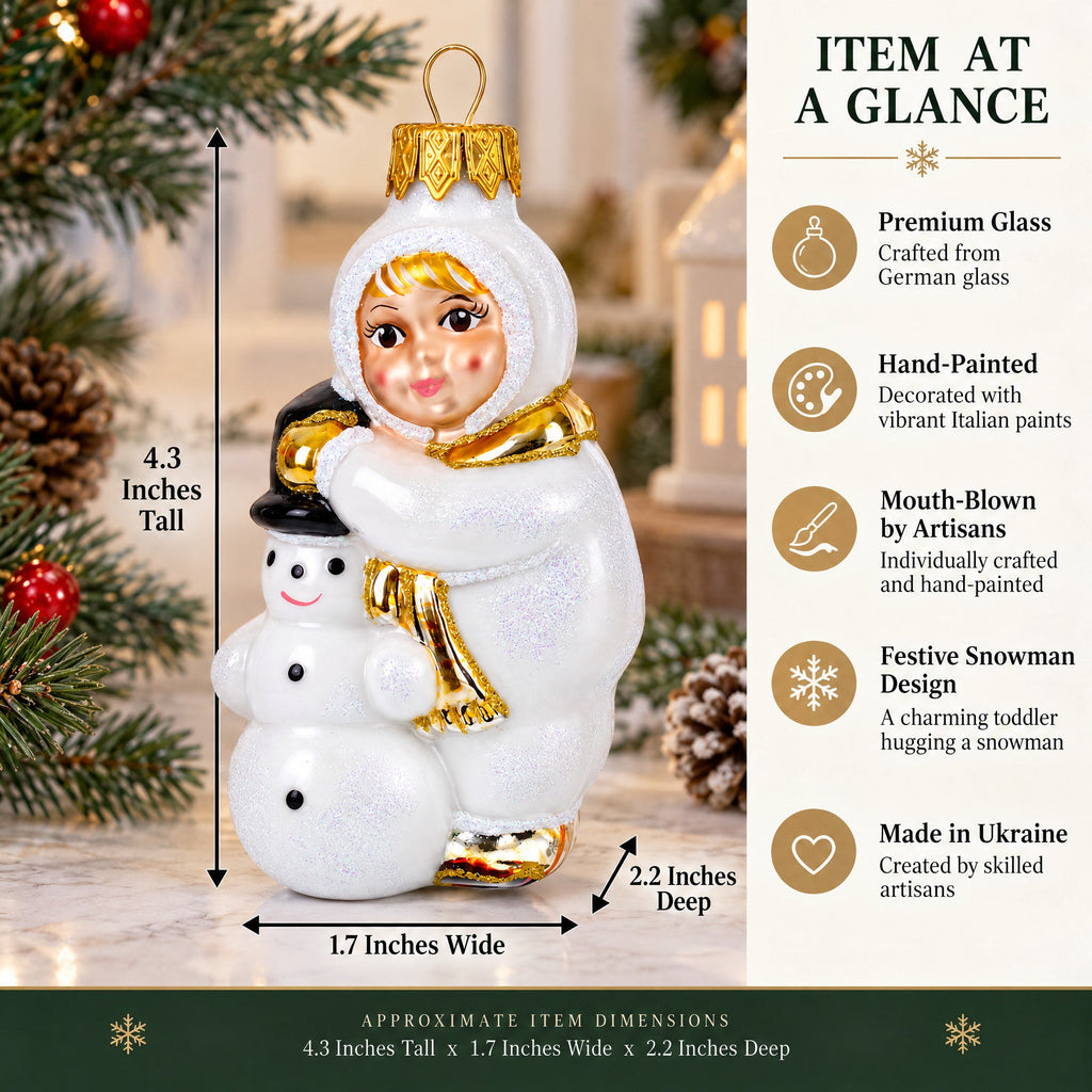 Toddler Hugging Snowman Glass Christmas Ornament