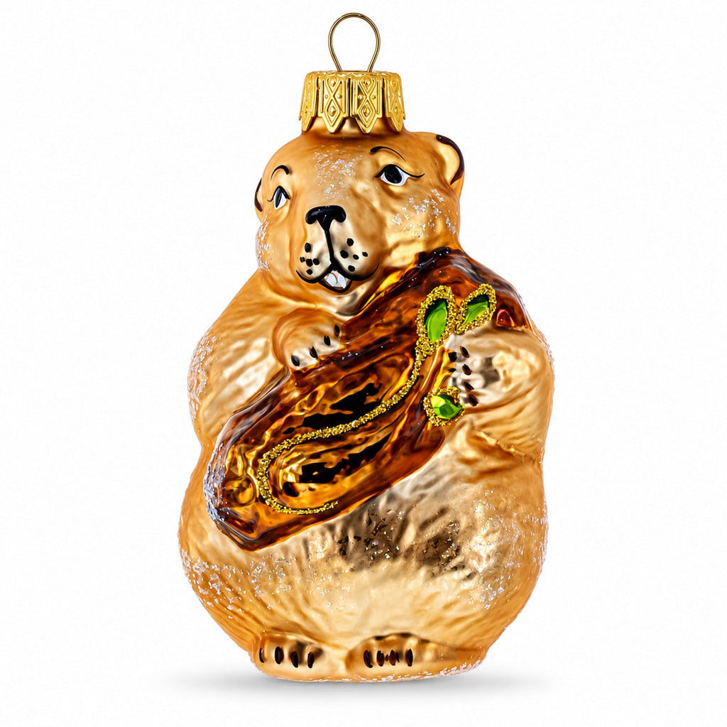Otter Holding a Log Glass Christmas Ornament