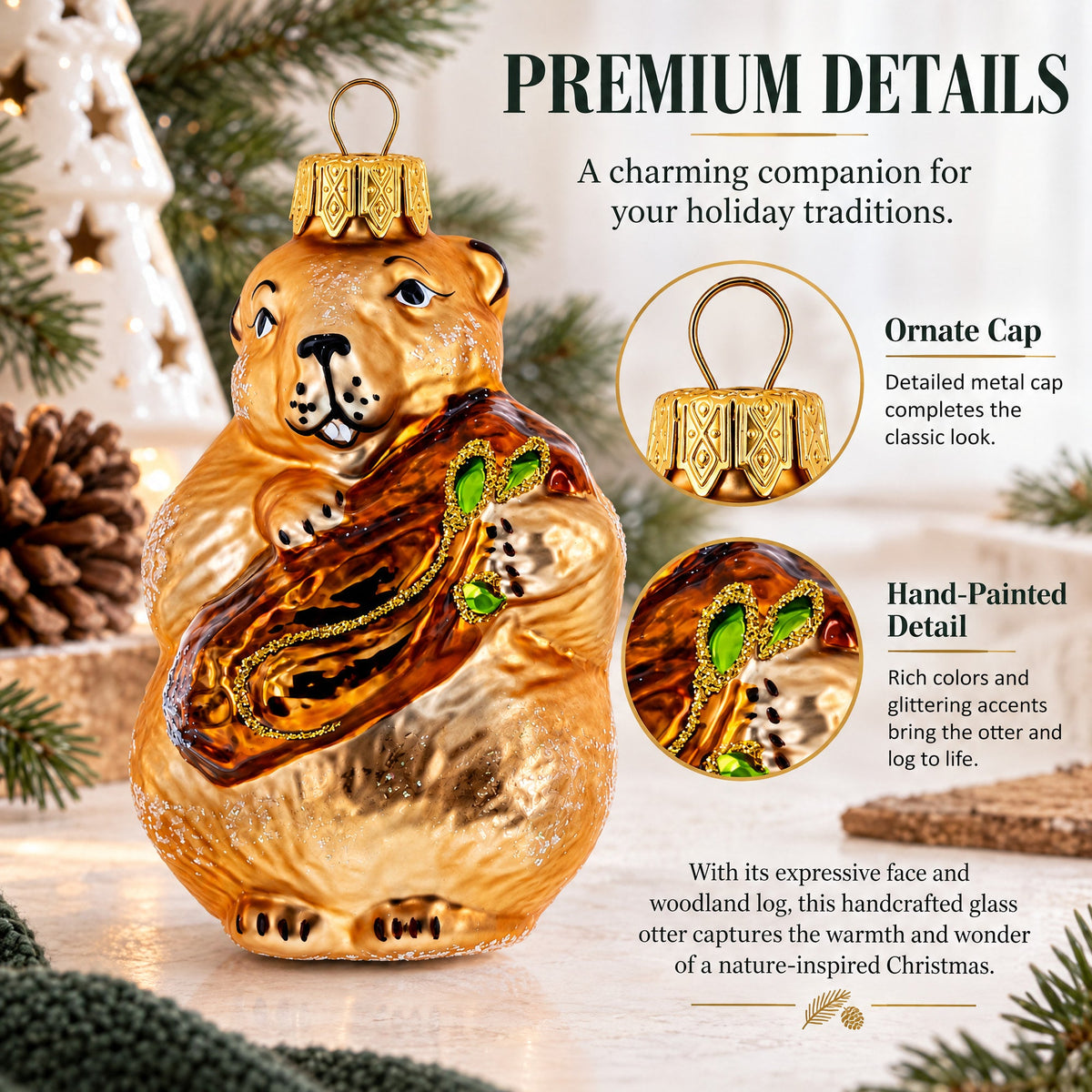 Otter Holding a Log Glass Christmas Ornament