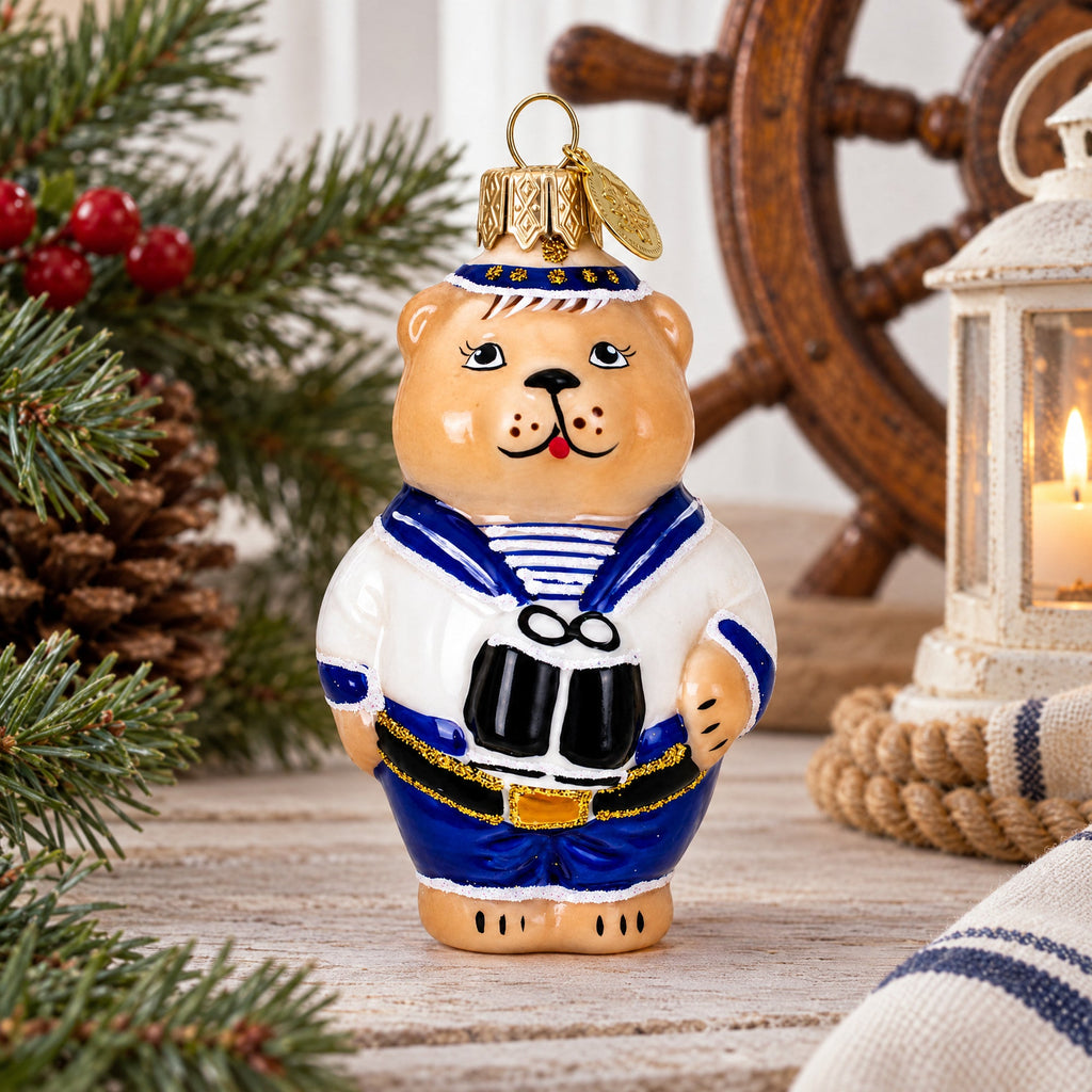 Sailor Bear with Binoculars Glass Christmas Ornament