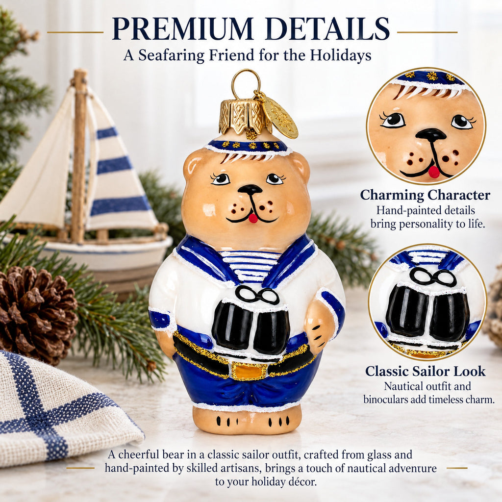 Sailor Bear with Binoculars Glass Christmas Ornament