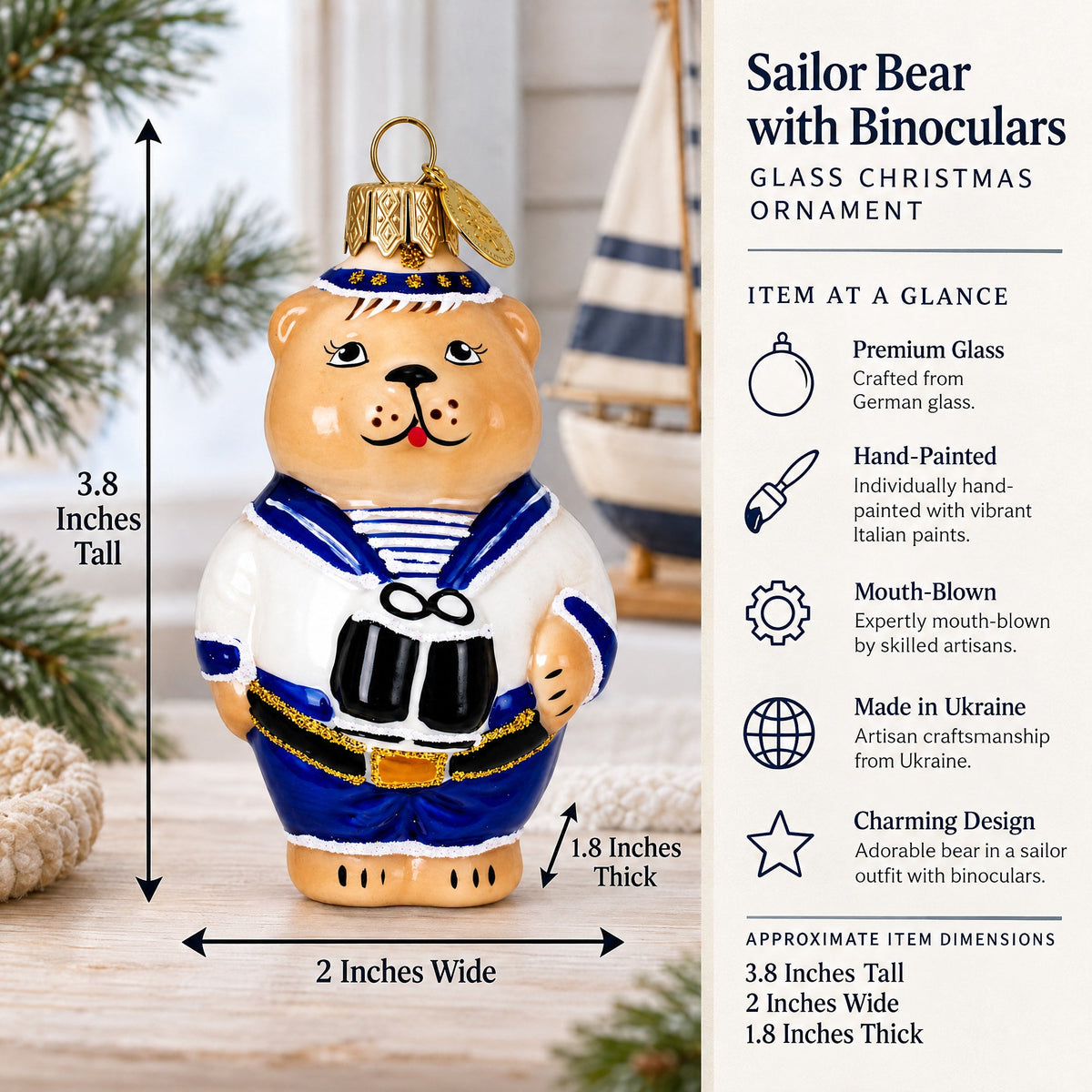 Sailor Bear with Binoculars Glass Christmas Ornament