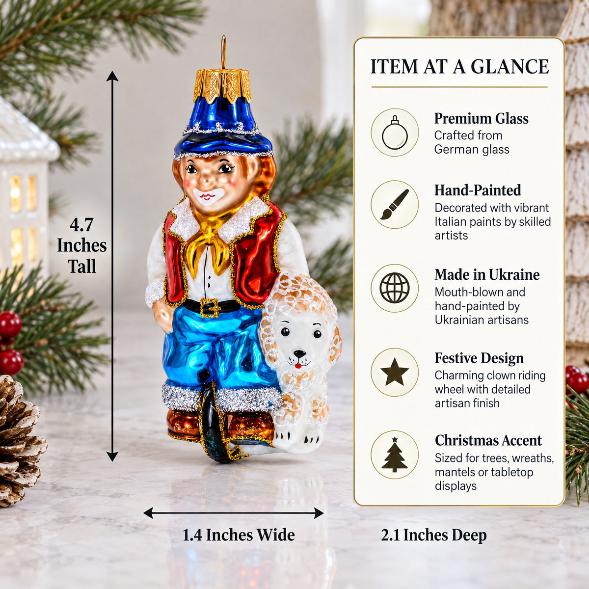 Clown Riding Wheel Glass Christmas Ornament