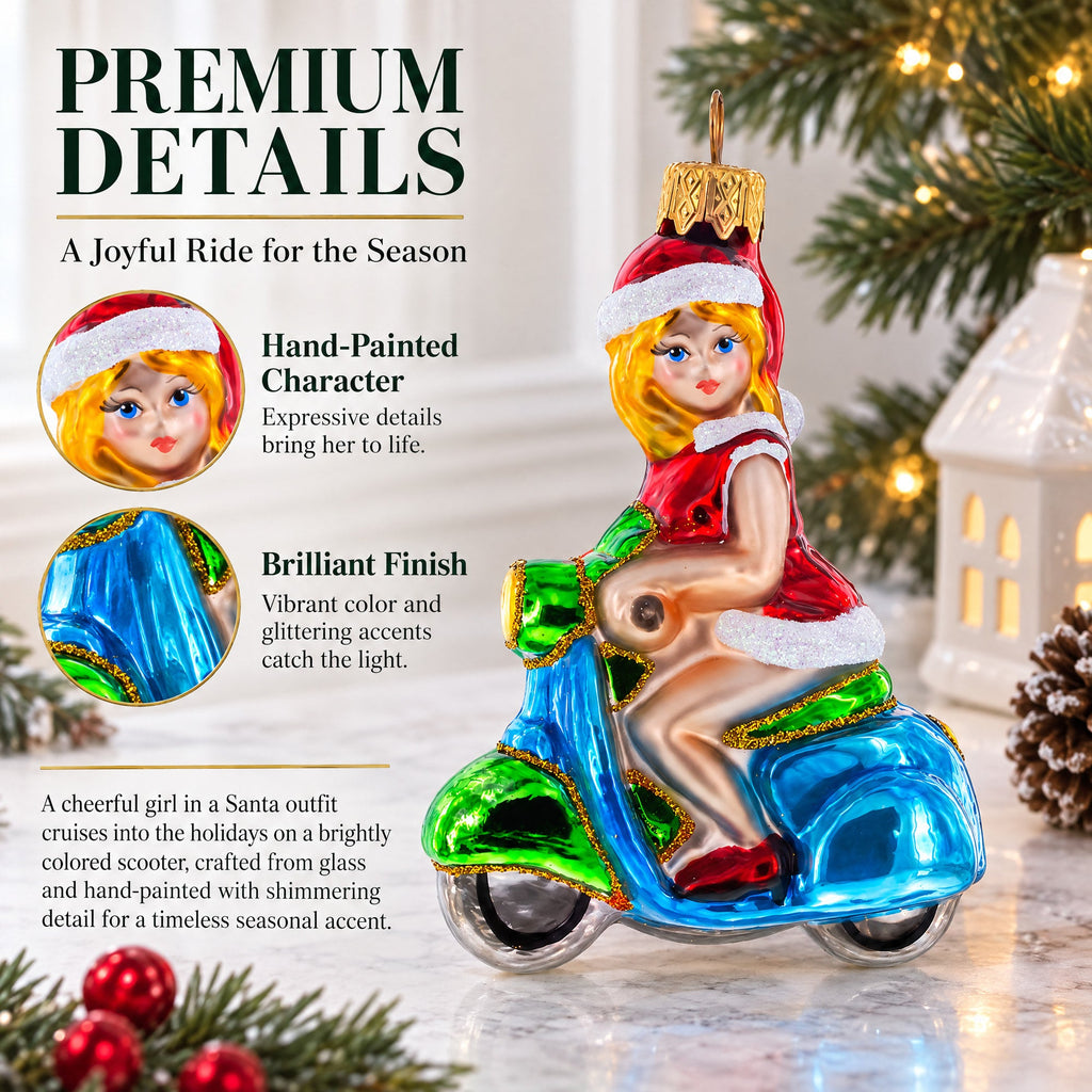 Girl Riding Scooter Glass Christmas Ornament