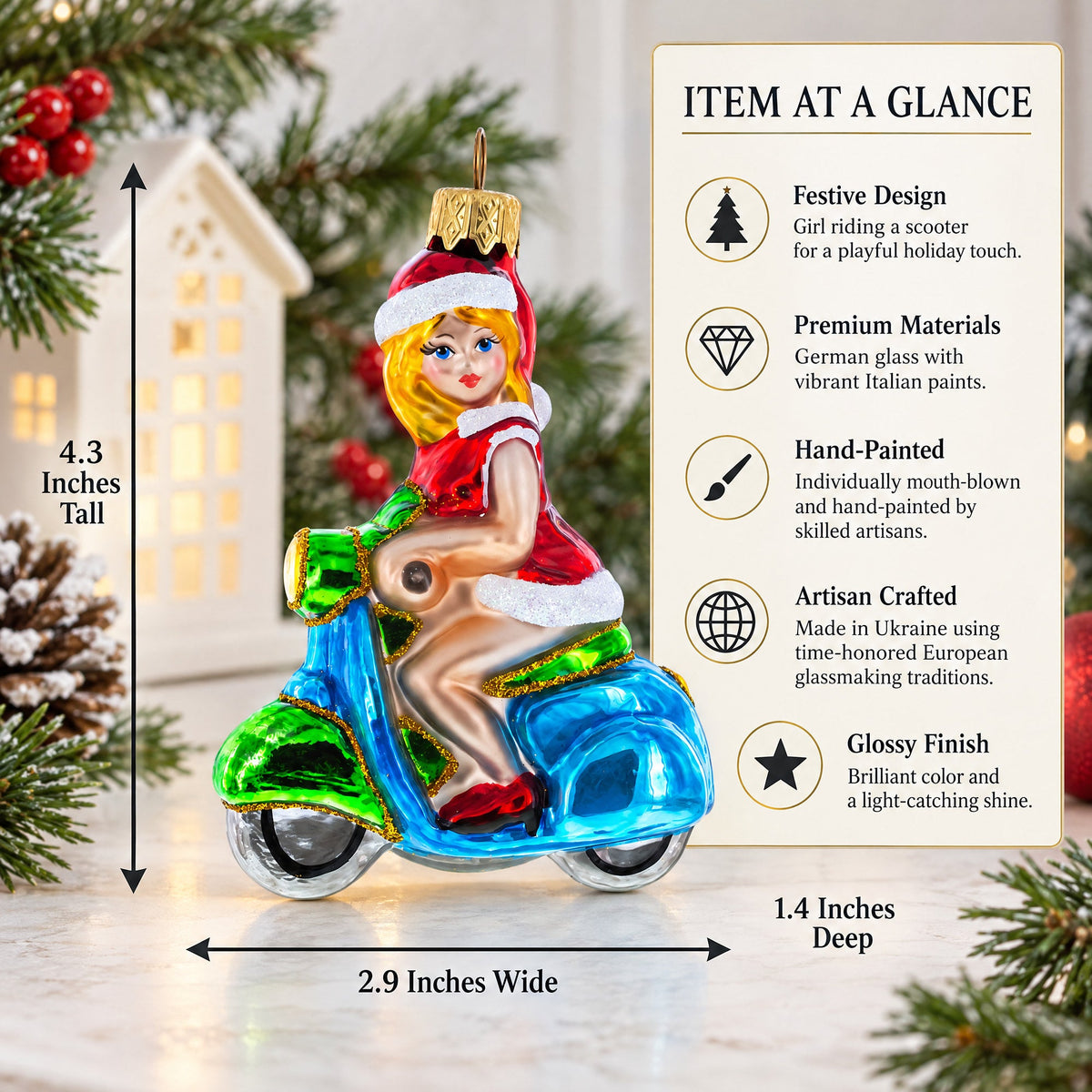 Girl Riding Scooter Glass Christmas Ornament
