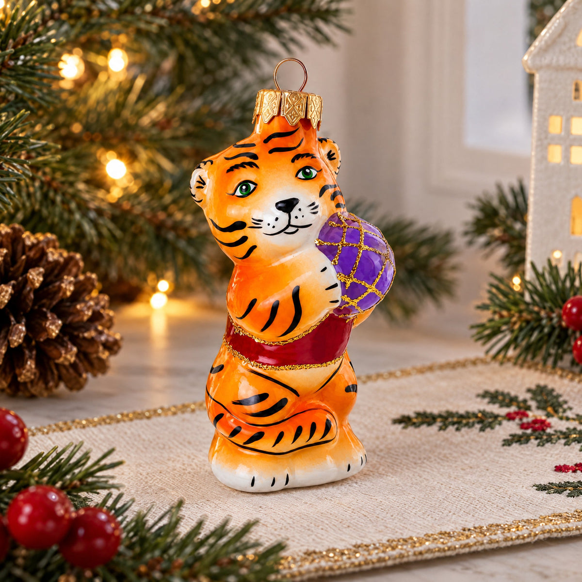 Tiger Cub with Ball Glass Christmas Ornament