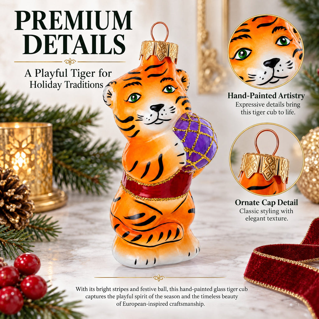 Tiger Cub with Ball Glass Christmas Ornament