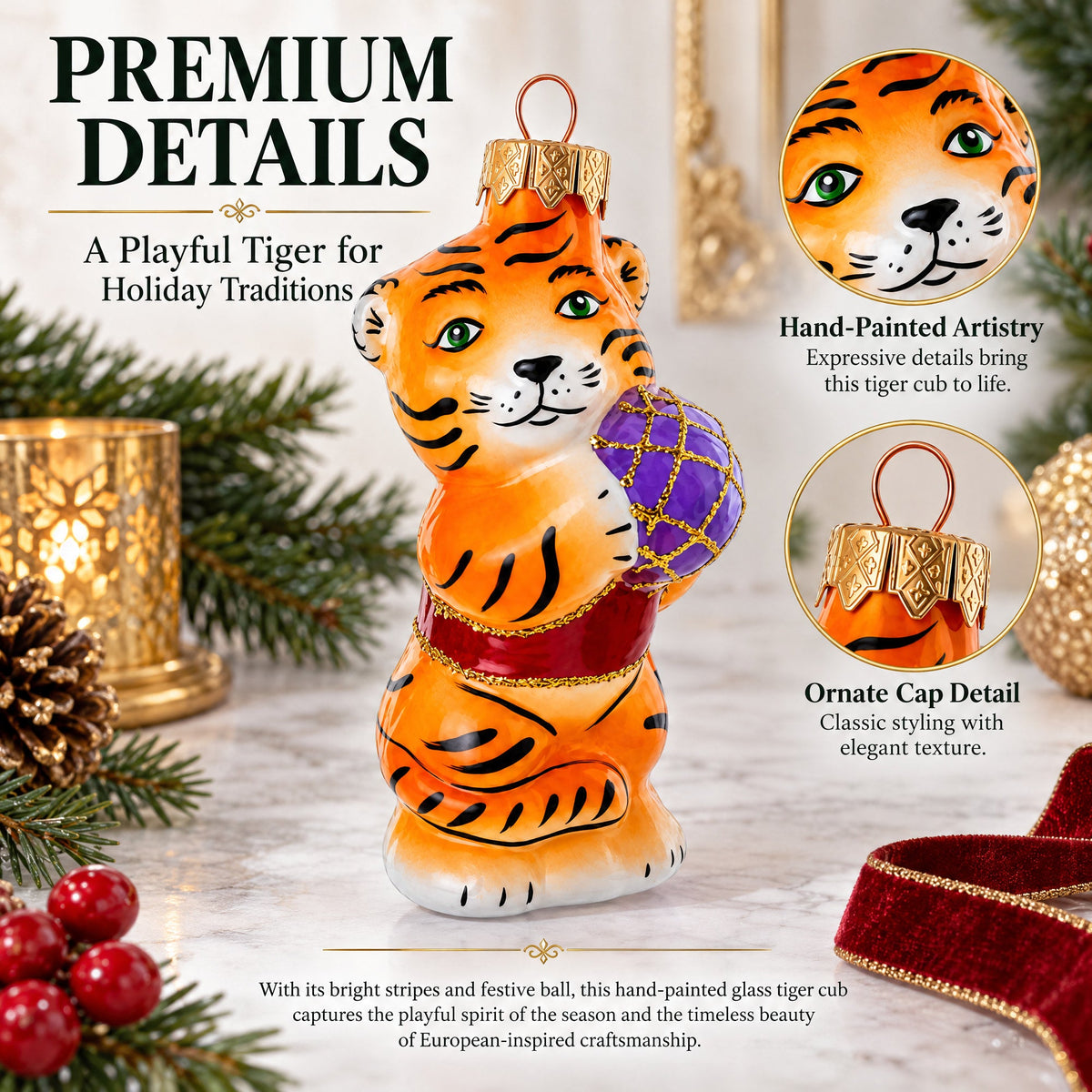 Tiger Cub with Ball Glass Christmas Ornament