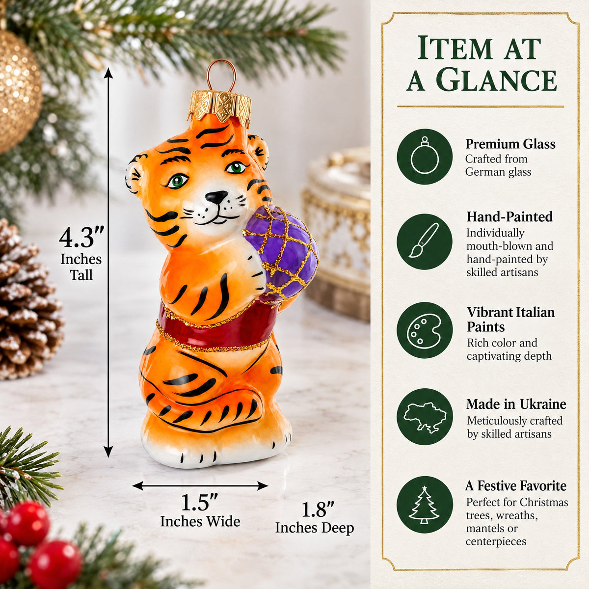 Tiger Cub with Ball Glass Christmas Ornament