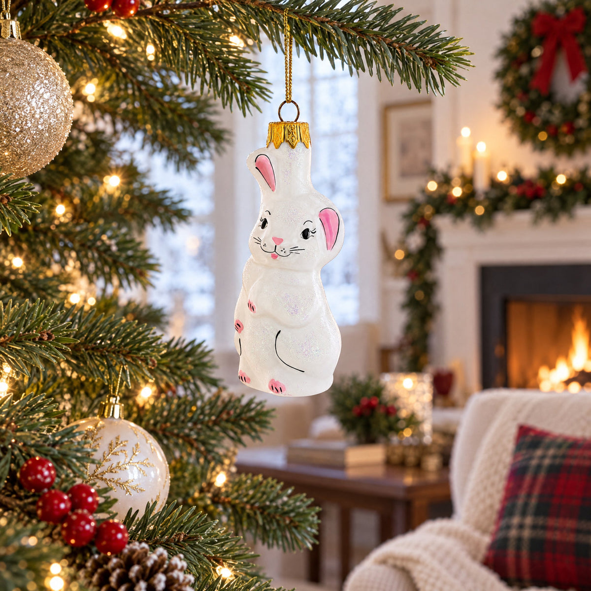 Whimsical White Bunny with Pink Ears Glass Christmas Ornament