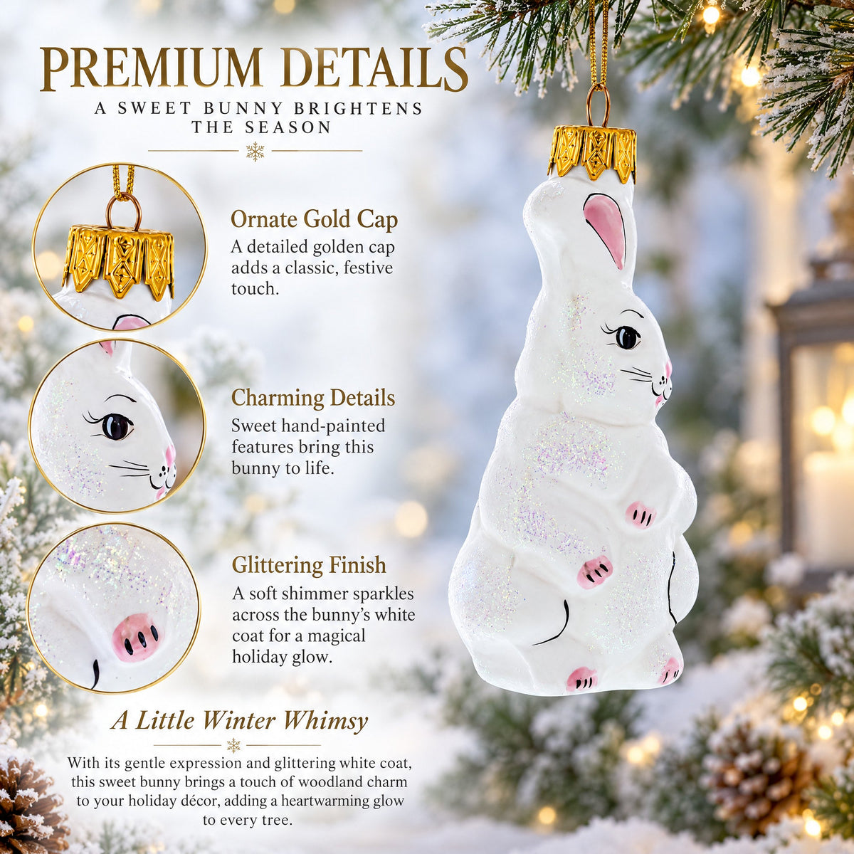 Whimsical White Bunny with Pink Ears Glass Christmas Ornament