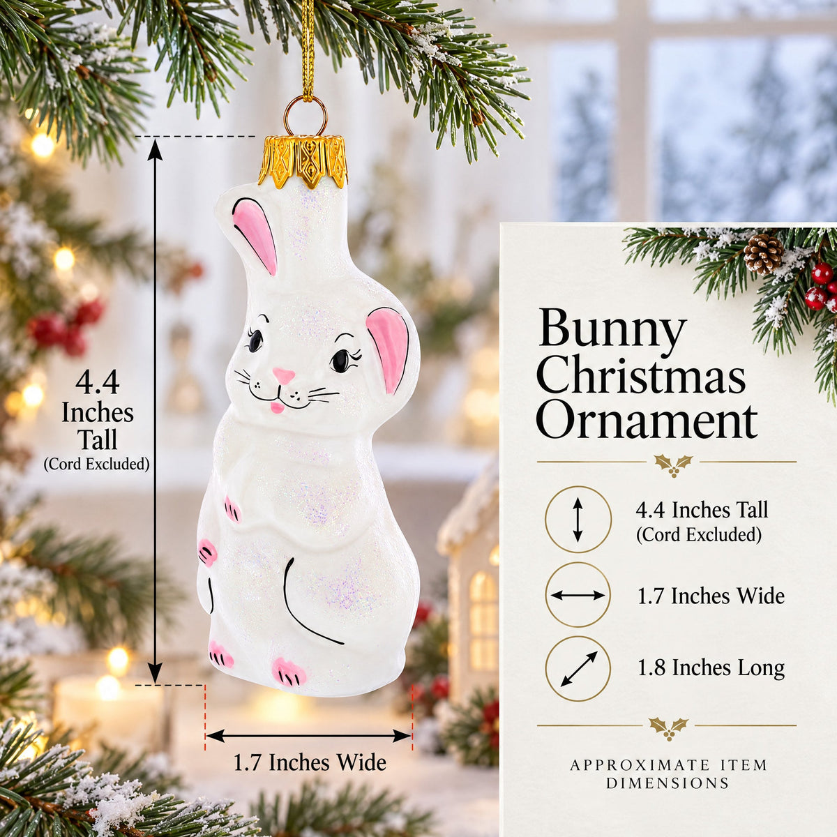 Whimsical White Bunny with Pink Ears Glass Christmas Ornament