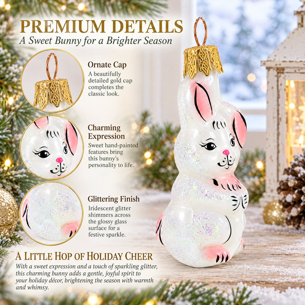 Whimsical White Rabbit with Pink Ears Glass Christmas Ornament