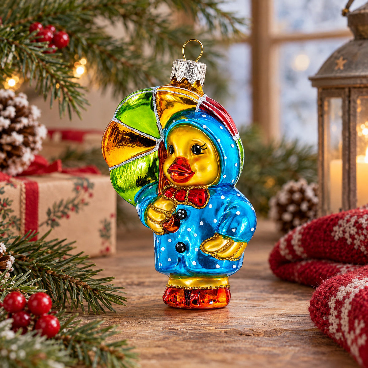 Duckling with Polka Dot Raincoat and Umbrella Glass Christmas Ornament
