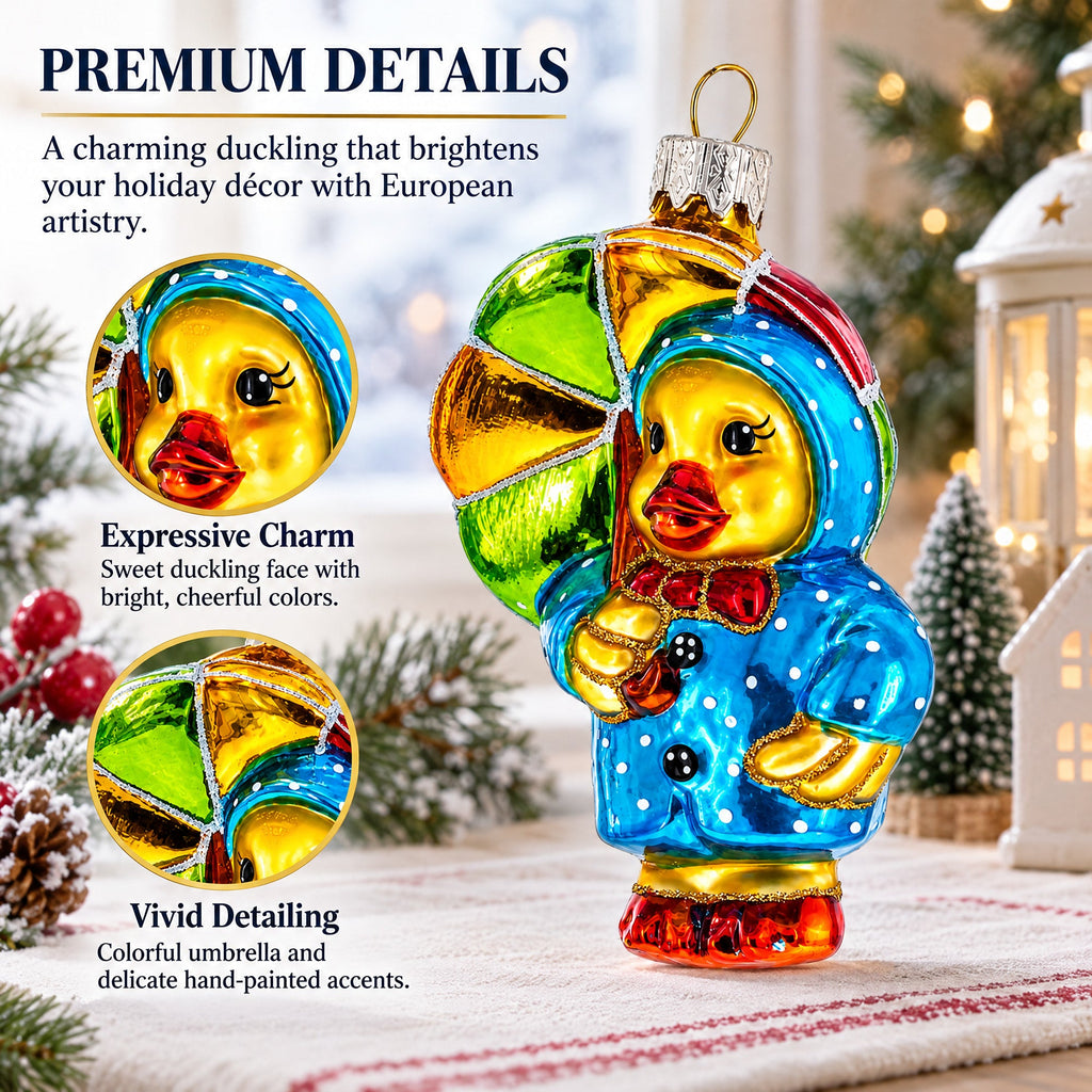 Duckling with Polka Dot Raincoat and Umbrella Glass Christmas Ornament