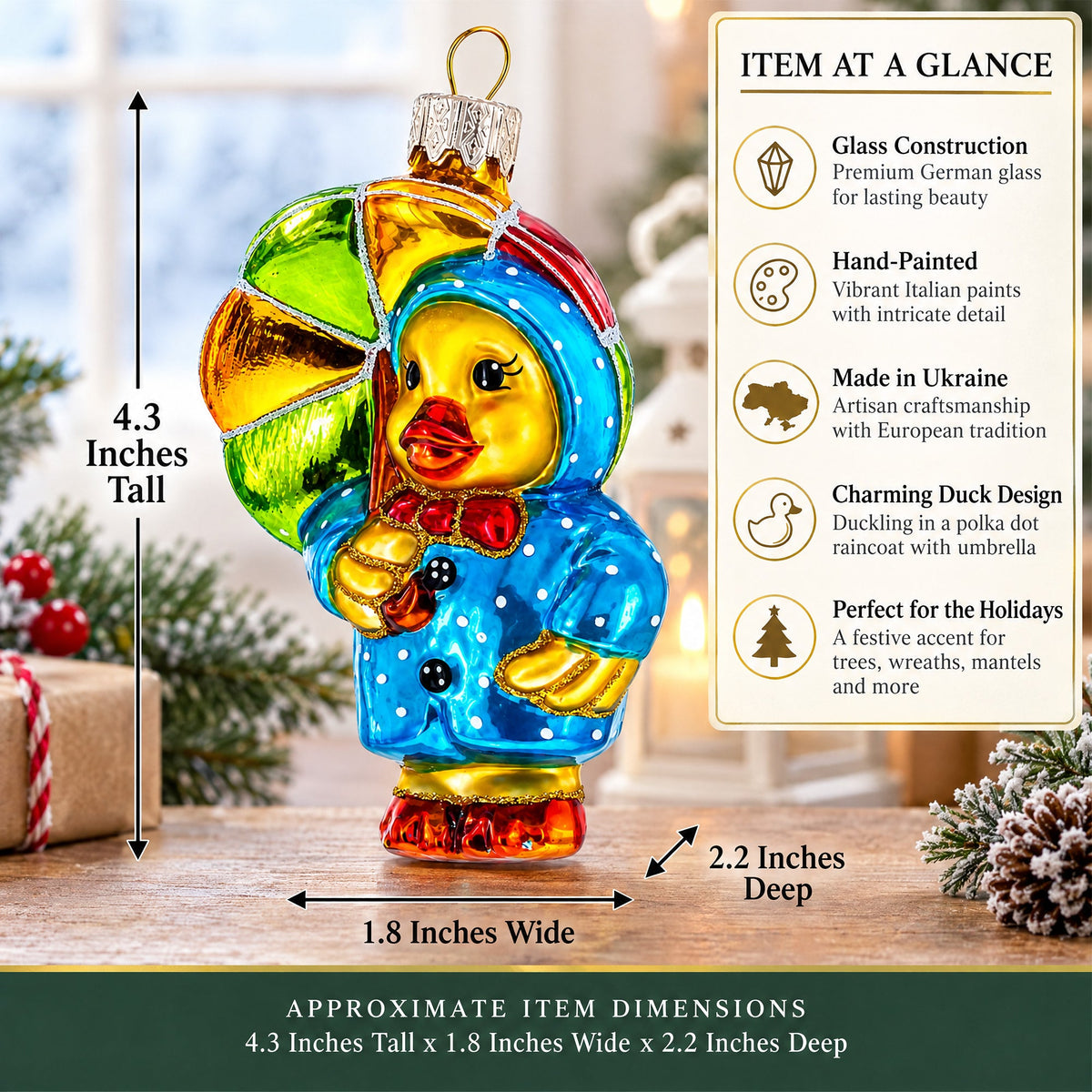 Duckling with Polka Dot Raincoat and Umbrella Glass Christmas Ornament