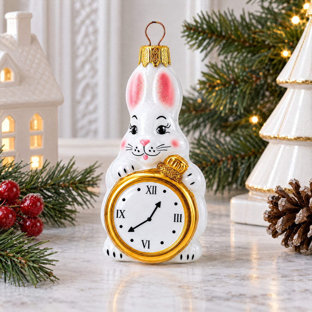 White Bunny with Timepiece Motif Glass Christmas Ornament