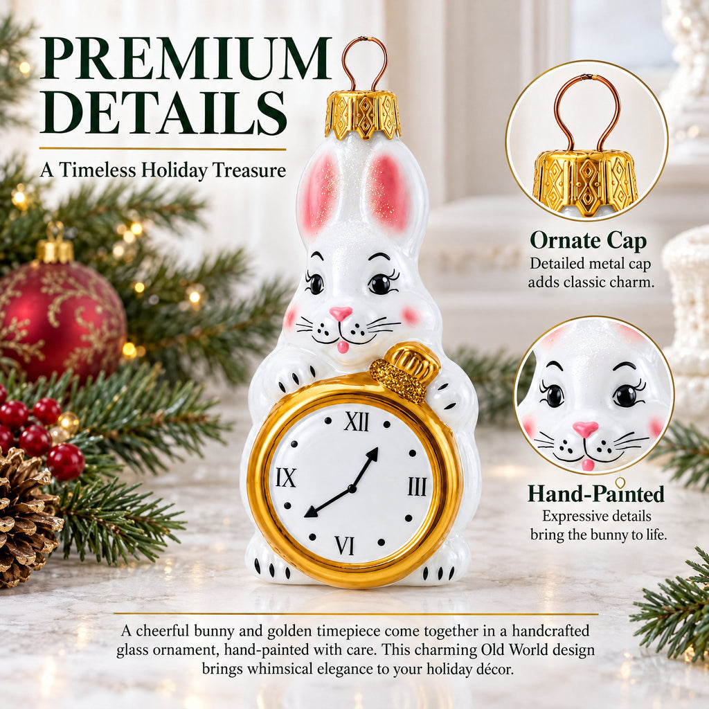 White Bunny with Timepiece Motif Glass Christmas Ornament