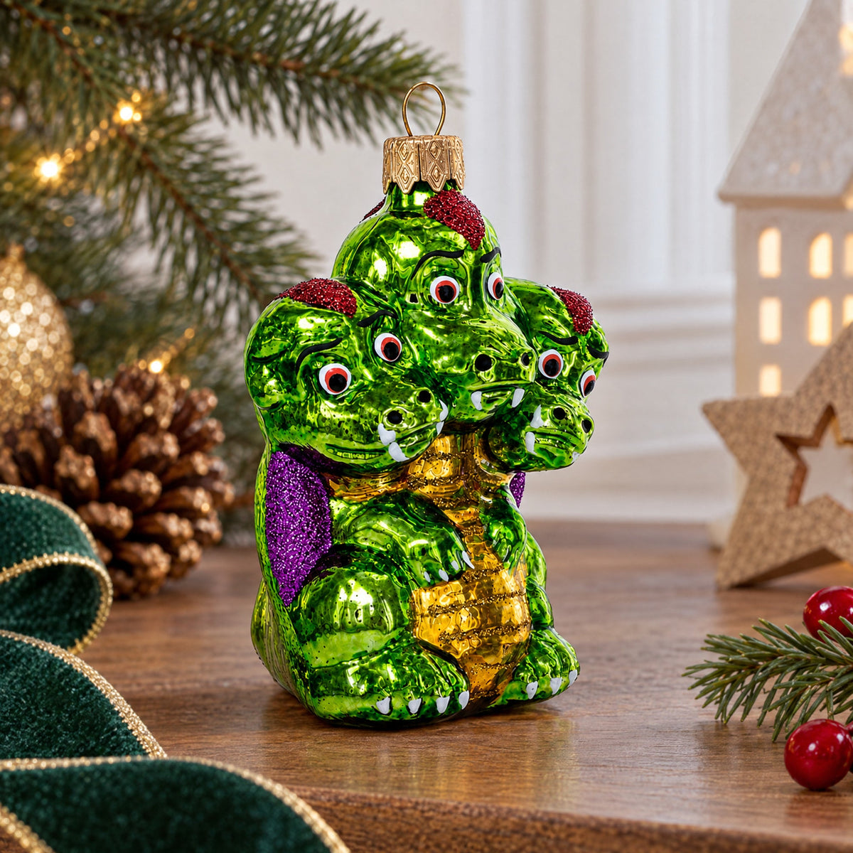 Mythical Multi Head Dragon Folk Tale Character Glass Christmas Ornament