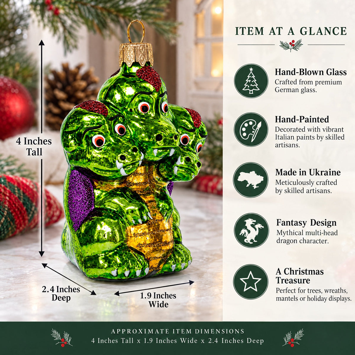 Mythical Multi Head Dragon Folk Tale Character Glass Christmas Ornament