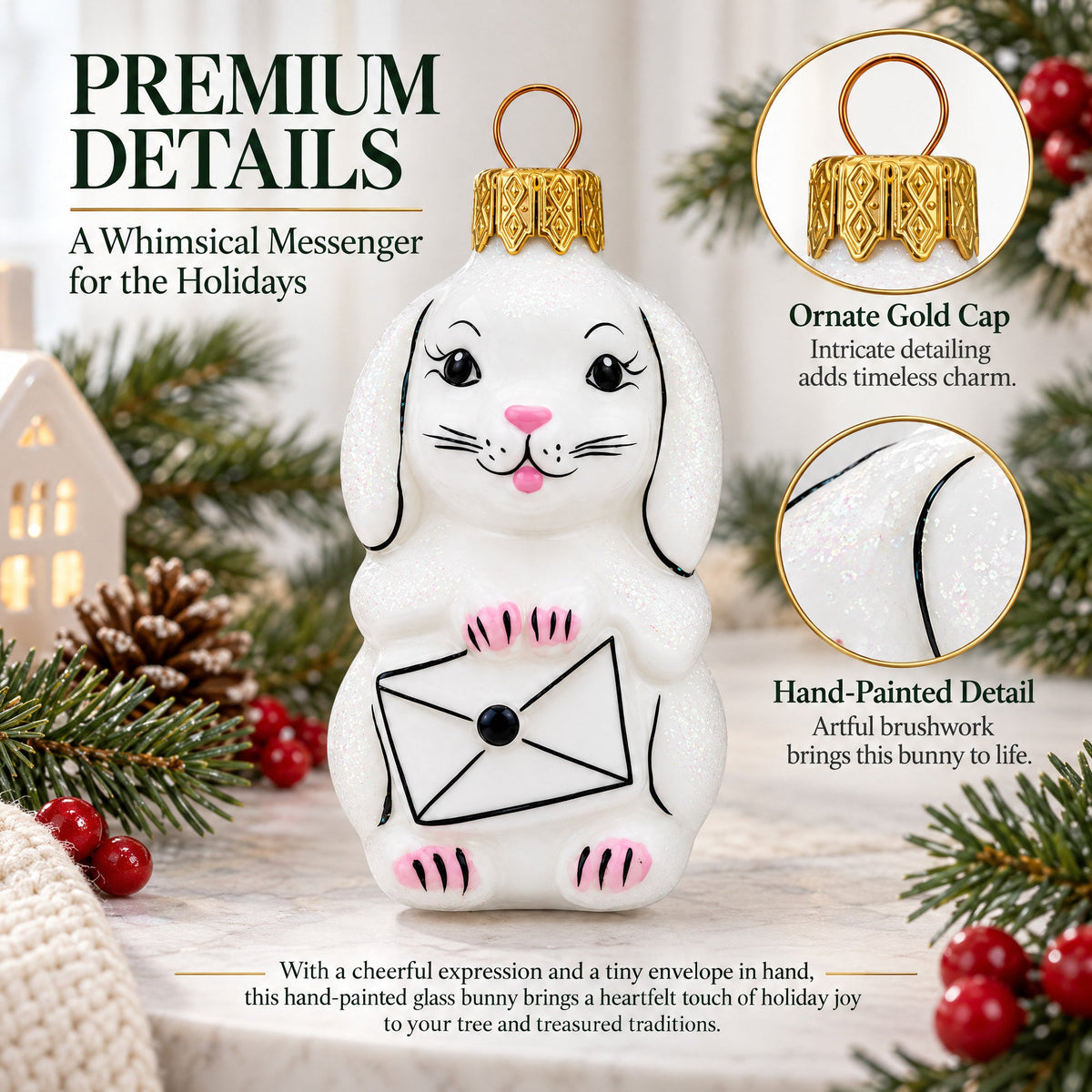 Whimsical Bunny Messenger with Envelope Glass Ornaments