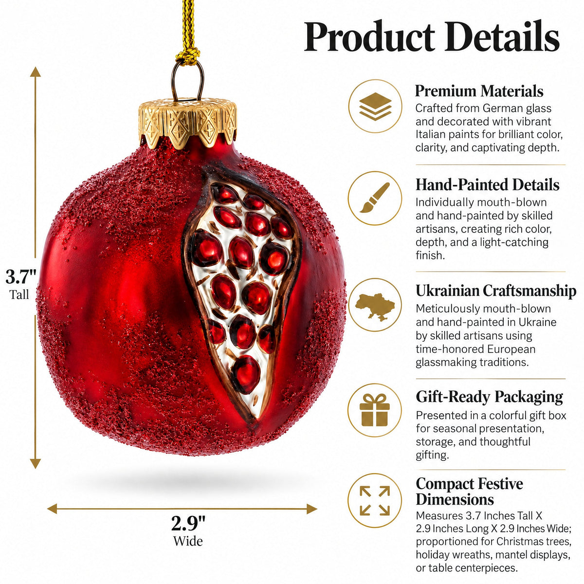 Pomegranate with Cut Open Seed Details Glass Christmas Ornament